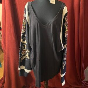 Black Free People V-Neck Sweater with Vibrant Beaded/Embroidered Sleeves